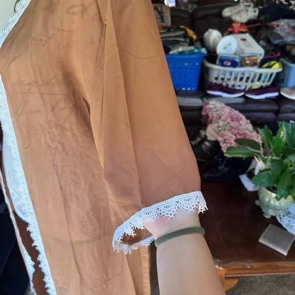 NWT LuLaRoe Womens Chloe Kimono Sz S Brown w White Lace Trim Short Sleeve NWT - Picture 11 of 16